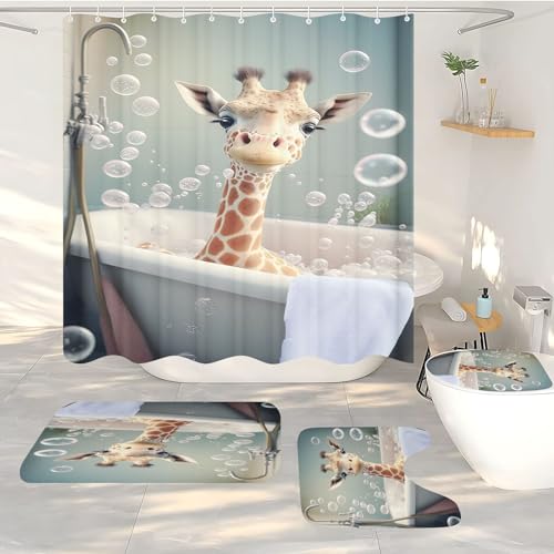 FABTOP Giraffe Duschvorhang 180x200 3D Digitaldruck Cartoon Tier Textil Stoff Lustig Giraffe Duschvorhang Wasserdicht Giraffe Baden Shower Curtains (1,200 x 200 cm) von FABTOP