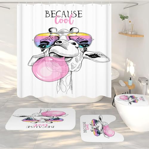 FABTOP Giraffe Duschvorhang 180x200 3D Digitaldruck Cartoon Tier Textil Stoff Lustig Giraffe Duschvorhang Wasserdicht Giraffe Baden Shower Curtains (9,180 x 180 cm) von FABTOP