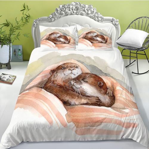 FABTOP Otter Bettwäsche 135x200 Süßes Otter Bettbezug Für Kinder Weiche Mikrofaser Seeotter Bettwäsche Set 3D Drucken 3-teilig Tierdruck Winter/Sommer/Herbst/Frühling von FABTOP