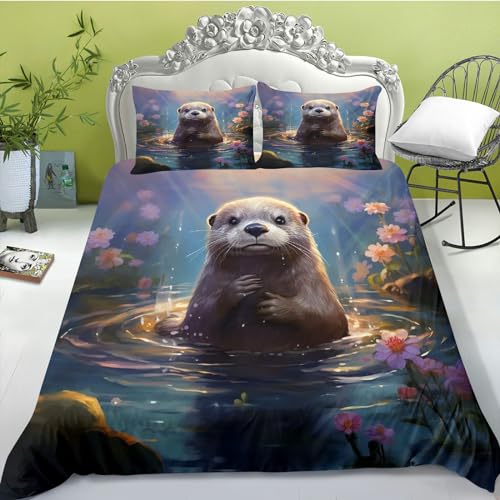 FABTOP Otter Bettwäsche 135x200 Süßes Otter Bettbezug Für Kinder Weiche Mikrofaser Seeotter Bettwäsche Set 3D Drucken Ottertier Bettwäsche (9,135x 200 cm) von FABTOP