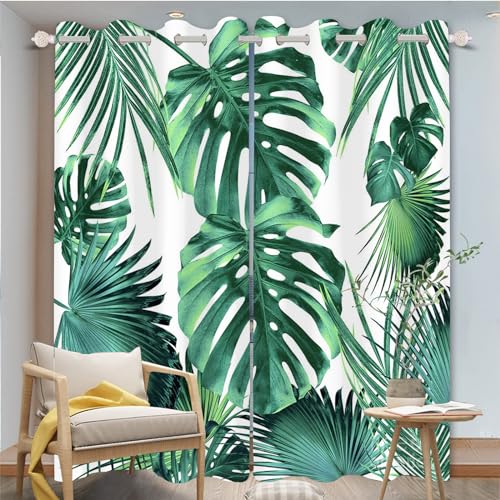 FABTOP Palmenblätter Grüne Blätter Vorhänge Blickdicht Wohnzimmer Monstera Deliciosa Gardinen Verdunkelungsvorhang Schlafzimmer Kinderzimmer (4,150×166BxH (75×166cm×2)) von FABTOP