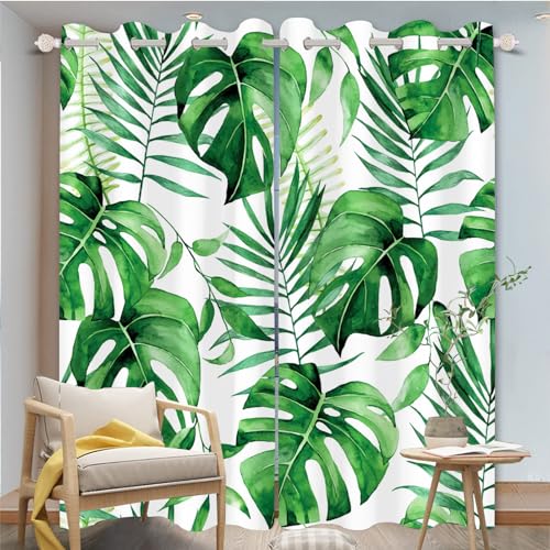 FABTOP Palmenblätter Grüne Blätter Vorhänge Blickdicht Wohnzimmer Monstera Deliciosa Gardinen Verdunkelungsvorhang Schlafzimmer Kinderzimmer (5,220×215BxH (110×215cm×2)) von FABTOP