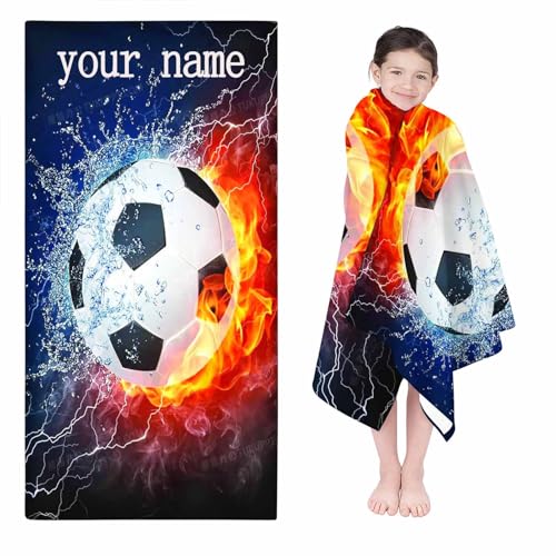 FABTOP Personalisiert Fußball Strandtuch Mit Namen, Personalisierte Fußball Handtuch Badetuch Mit Namen Mikrofaser Strandtuch Groß 90x180cm Badetuch Fußball Für Kinder (100 x 200 cm,A) von FABTOP