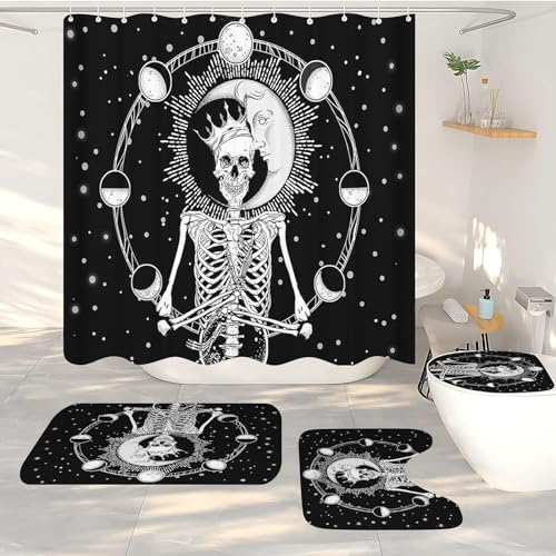 FABTOP Schwarzer Totenkopf Duschvorhang 180x180cm, Skull Badezimmer Duschvorhang, Blumen Rose Skelett Halloween Duschvorhänge Blumen Totenköpfe Duschvorhang (2,180 x 180 cm) von FABTOP