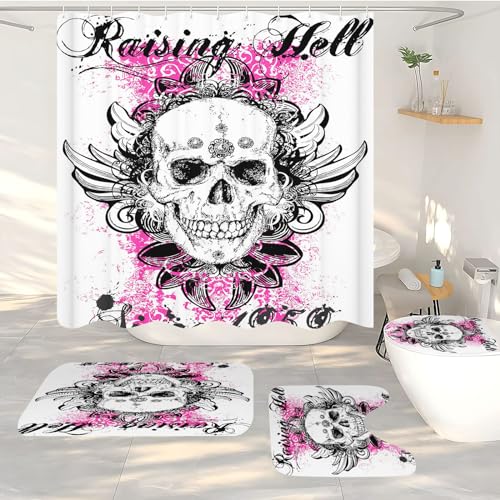 FABTOP Schwarzer Totenkopf Duschvorhang 180x180cm, Skull Badezimmer Duschvorhang, Blumen Rose Skelett Halloween Duschvorhänge Blumen Totenköpfe Duschvorhang (6,180 x 200 cm) von FABTOP