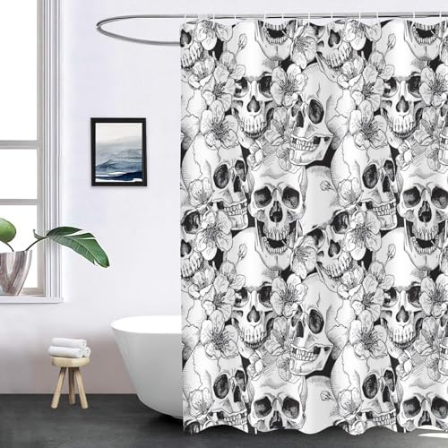 FABTOP Surgar Skull Badezimmer Duschvorhang 180x200 180x180, Blumen Rose Skelett Halloween Duschvorhänge Set Rose Skull Gothic Totenkopf Shower Curtains (2,200 x 200 cm) von FABTOP