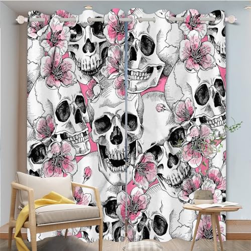 FABTOP Totenkopf Verdunkelungsvorhänge 3D Totenkopf Muster Ösen Vorhang 2Er Set Schädel Rosen Gothic Vorhänge Blickdicht Totenkopf Blumen Gardinen Für Schlafzimmer (1,183×160BxH (91.5×160cm×2)) von FABTOP