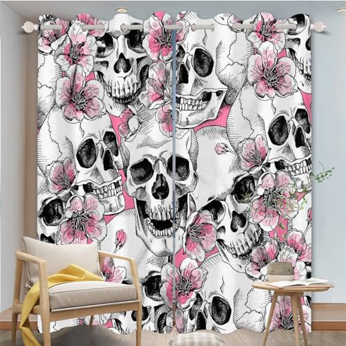 FABTOP Totenkopf Verdunkelungsvorhänge 3D Totenkopf Muster Ösen Vorhang 2Er Set Schädel Rosen Gothic Vorhänge Blickdicht Totenkopf Blumen Gardinen Für Schlafzimmer (1,280×245BxH (140×245cm×2)) von FABTOP