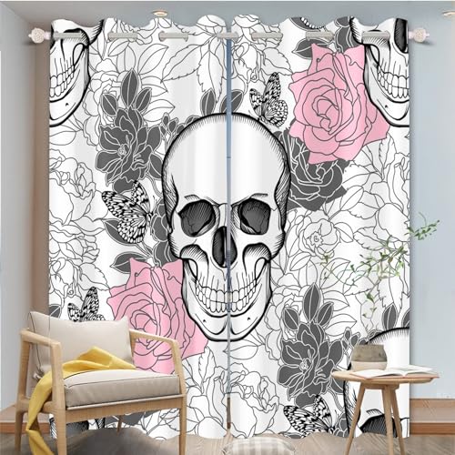 FABTOP Totenkopf Verdunkelungsvorhänge 3D Totenkopf Muster Ösen Vorhang 2Er Set Schädel Rosen Gothic Vorhänge Blickdicht Totenkopf Blumen Gardinen Für Schlafzimmer (4,150×166BxH (75×166cm×2)) von FABTOP