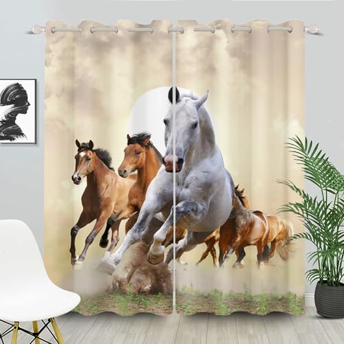 FABTOP Verdunklungsvorhänge Weißes Pferd Vorhang Gardnien Blickdicht Mit Ösen Pferd Lauf Galopp Blickdichte Vorhänge Wild Tier Themed Pferd Vorhänge Für Schlafzimmer (3,150×166BxH (75×166cm×2)) von FABTOP