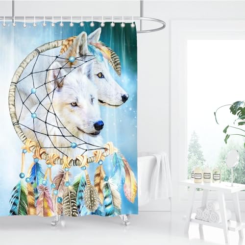 FABTOP Wolf Duschvorhang 180x180 180x200, Wölfe Textil Wald Tier Duschvorhänge Set Polyester Stoff, Wolf Duschvorhang-Sets Mit 12 Haken (1,180 x 200 cm) von FABTOP