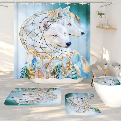 FABTOP Wolf Duschvorhang-Sets Waldmond Duschvorhang 180x200 Wölfe Textil Wald Tier Duschvorhänge Wald Mond Wolf Shower Curtains Wasserdicht (1,200 x 240 cm) von FABTOP