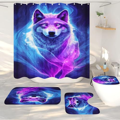 FABTOP Wolf Duschvorhang-Sets Waldmond Duschvorhang 180x200 Wölfe Textil Wald Tier Duschvorhänge Wald Mond Wolf Shower Curtains Wasserdicht (3,200 x 240 cm) von FABTOP