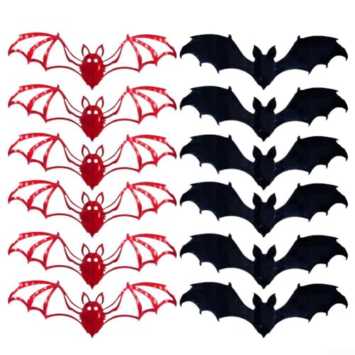 FACAIIO 12 x 3D-PVC-Halloween-Fledermaus-Wandaufkleber, selbstklebende fliegende Fledermaus-Aufkleber für Spukhaus-Party-Dekoration (rot + schwarz) von FACAIIO
