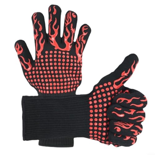 FACAIIO Hitzebeständige Grillhandschuhe, 800 °C, mit langen Manschetten, Fünf-Finger-Ofenhandschuhe und Grillhandschuhe mit rutschfestem Silikongriff (rot) von FACAIIO