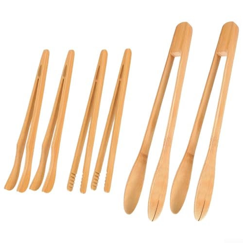 Holz Kochzange Set 6 teilig mit Snack, gerade und gebogene Zange zum Kochen, Servieren und Grillen mit Hitzeschutz von FACAIIO
