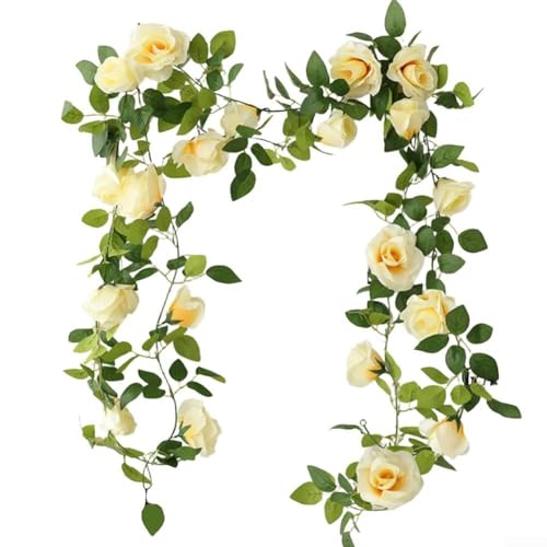 Set mit 2 künstlichen Rosenranken, stilvolle Dekoration für Haus und Garten, ideal für Veranstaltungen (hellgelb) von FACAIIO