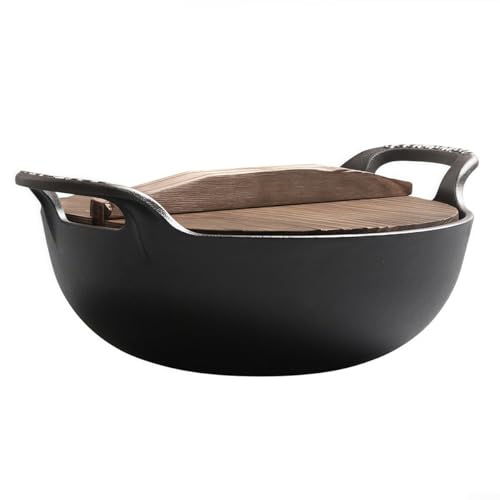 Wok aus Gusseisen mit Holzdeckel und zwei Griffen, perfekt zum Kochen einer Vielzahl von Gerichten auf jedem Herd (B) von FACAIIO