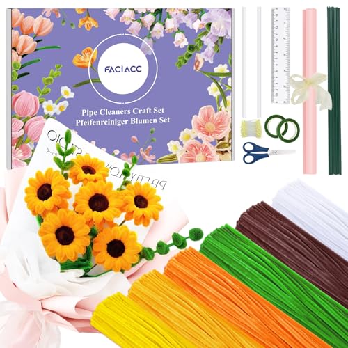 FACIACC 600 Stück Sonnenblumen Pfeifenreiniger Blumen Set, Chenille-Blumenstiele in 6 Farben für Selbstgemachte Blumensträuße, inklusive Blumendraht, Klebeband, Staubgefäßen, Geschenkpapier, Schere von FACIACC