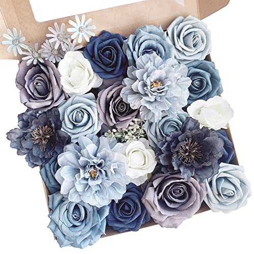 FACINOC Roses Artificial Flowers Dusty Blue Silk Bulk for DIY Wedding Bouquets Bridal Shower Decorations Fake Floral Arrangements for Party Table Centerpieces Home Decor Indoor Navy Royal Box Set von FACINOC