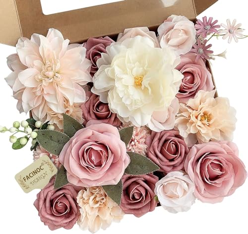 FACINOC Roses Artificial Flowers Pink Bouquets Box Set for DIY Bridal Wedding Shower Decorations Fake Floral Arrangements for Party Table Centerpieces Home Decor Indoor Outdoor Dusty Blush 19pcs von FACINOC