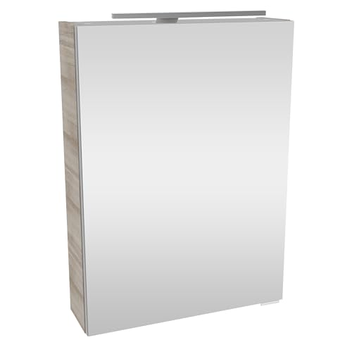 FACKELMANN A-VERO Spiegelschrank mit LED-Beleuchtung – Alibertschrank für Bad und Gäste-WC (50 x 68 x 15,3 cm) – SBC Badschrank mit Spiegel in Holz Grau – Tür Links von FACKELMANN