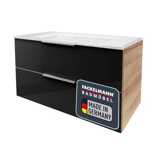 FACKELMANN B.Brillant Waschbeckenunterschrank – inklusive weißem Waschbecken aus Glas – Hängend und Front aus lackiertem Glas – Badschrank in Anthrazit & Eiche (100 x 56 x 50 cm) von FACKELMANN