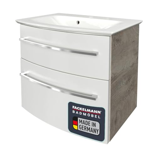FACKELMANN B.Style Badmöbel Set 2 Teile/Gussmarmor Waschbecken/Waschbeckenunterschrank mit 2 Schubladen/hochwertiger Badschrank mit Soft-Close/Korpus: Grau/Front: Weiß/Breite: 63 cm von FACKELMANN