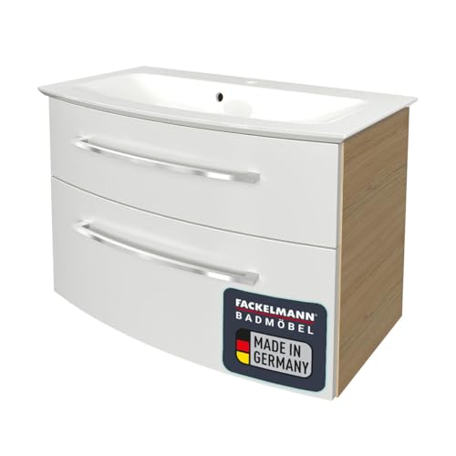 FACKELMANN B.Style Badmöbel Set 2 Teile/Gussmarmor Waschbecken/Waschbeckenunterschrank mit 2 Schubladen und Soft-Close/hochwertige Möbel fürs Bad/Korpus & Front: Braun hell/Breite: 83 cm von FACKELMANN