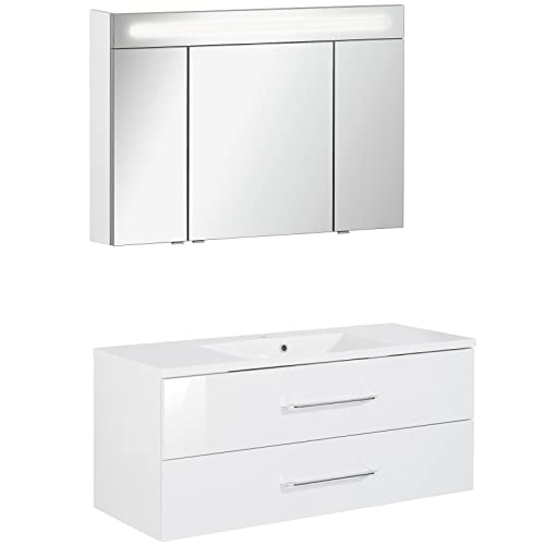 FACKELMANN Badmöbel Set B.Clever 2-TLG. 120 cm weiß mit Waschtisch Unterschrank inkl. Gussmarmorbecken & LED Spiegelschrank von FACKELMANN