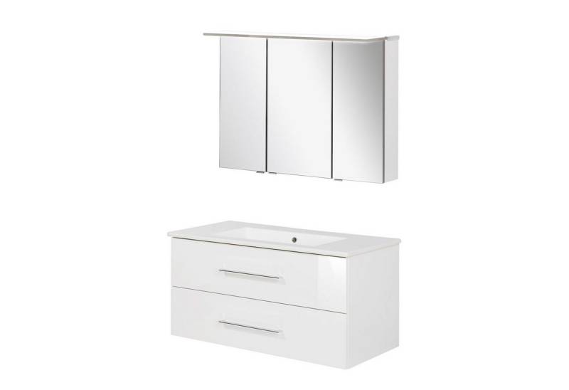 FACKELMANN Badmöbel-Set B.perfekt Badmöbel Set 3-teilig, 100 cm, Weiß, LED-Spiegelschrank von FACKELMANN
