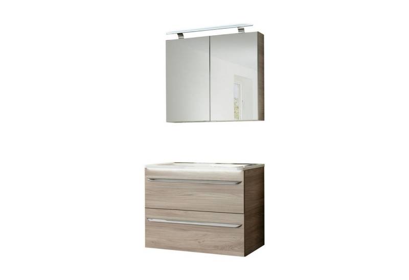 FACKELMANN Badmöbel-Set LUXOR Badmöbel Set 3-teilig 80 cm, Braun + LED-Spiegelschrank von FACKELMANN
