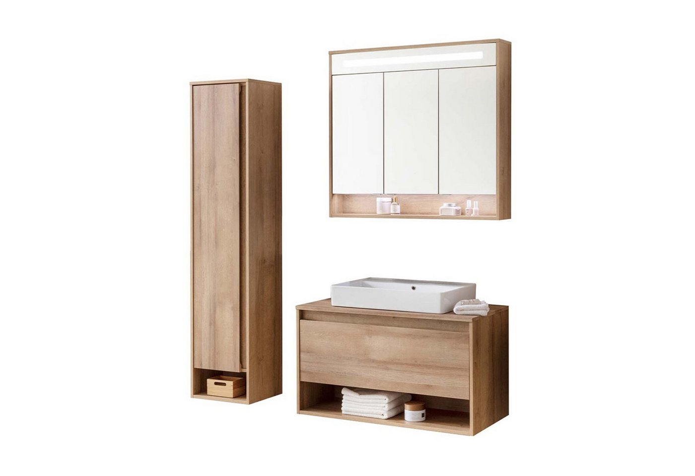 FACKELMANN Badmöbel-Set NATURA 94 cm, Braun hell + Spiegelschrank + Hochschrank links von FACKELMANN