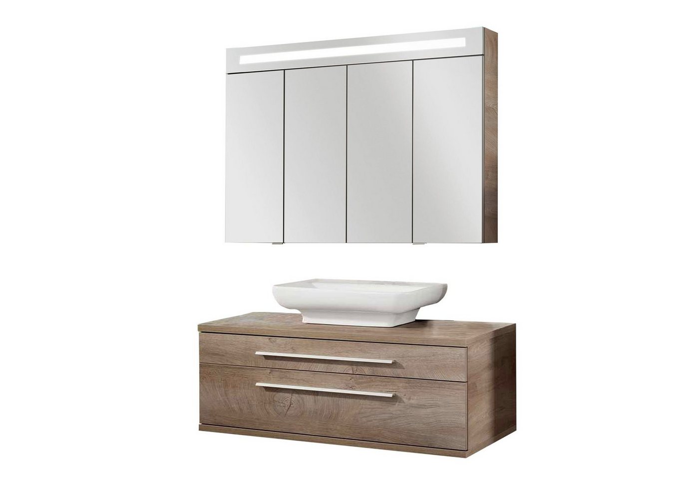 FACKELMANN Badmöbel-Set STANFORD 3-teiliges Badmöbelset 110cm Braun Keramik+LED Schrank von FACKELMANN