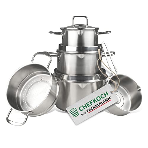 FACKELMANN Chefkoch 5er Topf-Set München – Kochtöpfe mit Ausschüttfunktion – Für alle Herdarten geeignet (auch Induktion) – 3 Töpfe, 1 Dünstaufsatz, 1 Soßentopf von FACKELMANN