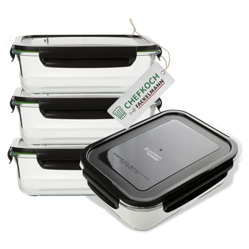 FACKELMANN Chefkoch 4er Set Vorratsdosen – Ideal für Mealprep – 1050ml Borosit-Glas mit Kunststoffdeckel – Mikrowellen- & ofengeeignet – Auslaufsicher und luftdicht von FACKELMANN