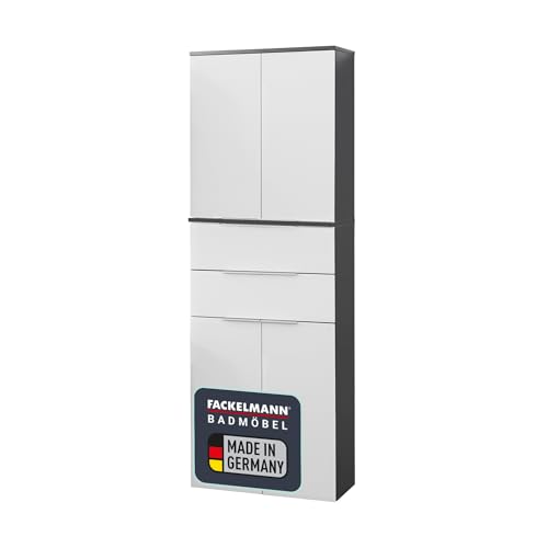 FACKELMANN Doppel-Hochschrank KARA / Badschrank mit Soft-Close-System / Maße (B x H x T): ca. 61 x 176 x 32 cm / hochwertiger Schrank fürs Bad / Möbelstück mit Schubladen und Türen / Korpus: Anthrazit / Front: lackiertes Glas in Weiß von FACKELMANN