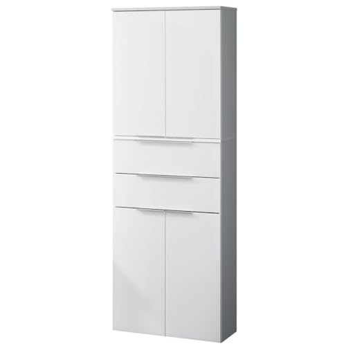 FACKELMANN Doppel-Hochschrank Kara/Badschrank mit Soft-Close-System/Maße (B x H x T): ca. 61 x 176 x 32 cm/mit Schubladen und Türen/Korpus: Weiß matt/Front: lackiertes Glas in Weiß von FACKELMANN