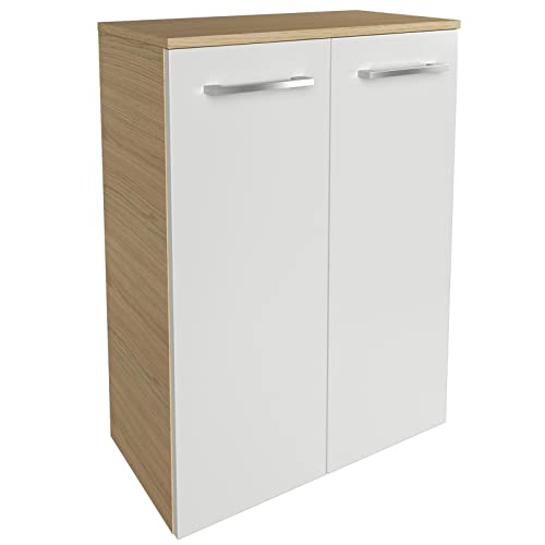 FACKELMANN Doppel-Midischrank B.Style/Badschrank mit gedämpften Scharnieren/Maße (B x H x T): ca. 60,2 x 82,6 x 32 cm/hochwertiger Schrank fürs Bad / 2 Türen/Korpus: Braun hell/Front: Weiß von FACKELMANN