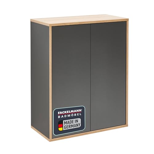 FACKELMANN Finn Midischrank (60 x 75 x 30,5 cm) – Badezimmerkommode mit 2 Einlegeböden aus Glas – Badschrank stehend oder hängend mit Türen aus Holz in Schwarz und Eichenoptik von FACKELMANN