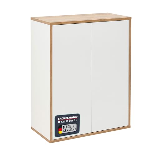 FACKELMANN Finn Midischrank (60 x 75 x 30,5 cm) – Badezimmerkommode mit 2 Einlegeböden aus Glas – Badschrank stehend oder hängend mit Türen aus Holz in Weiß und Eichenoptik von FACKELMANN