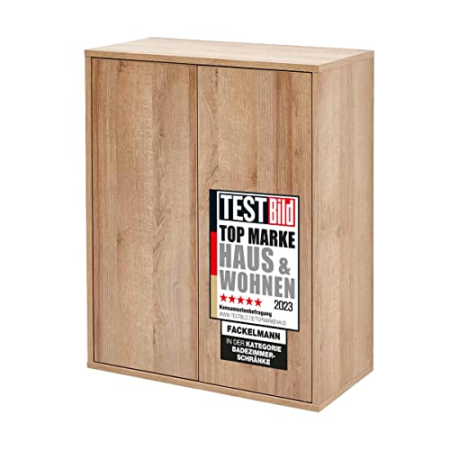 FACKELMANN Finn Midischrank (60 x 75 x 30,5 cm) – Badezimmerkommode mit 2 Einlegeböden aus Glas – Badschrank stehend oder hängend mit Türen aus Holz in Eichenoptik von FACKELMANN