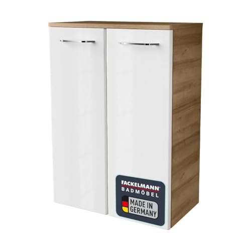 FACKELMANN Doppel-Midischrank Milano/Badschrank mit Soft-Close-System/Maße (B x H x T): ca. 60,5 x 83 x 32 cm/hochwertiger Schrank fürs Badezimmer / 2 Türen/Korpus: Braun hell/Front: Weiß von FACKELMANN