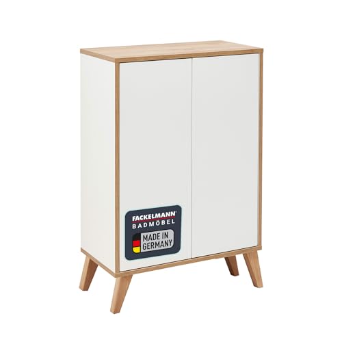 FACKELMANN Finn Badmöbel Set 2 Teile/Doppel-Midischrank mit Push-to-Open fürs Bad / 4 Holzfüße/Badschrank mit 2 Türen/Korpus & Front: Weiß/Rahmendekor & Füße: Braun hell/Breite: 60 cm von FACKELMANN