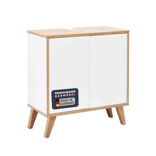 FACKELMANN Finn Badmöbel Set 2 Teile/Waschbeckenunterschrank mit Push-to-Open / 4 Holzfüße/Badschrank mit 2 Türen/Korpus & Front: Weiß/Rahmendekor & Füße: Braun hell/Breite: 60 cm von FACKELMANN