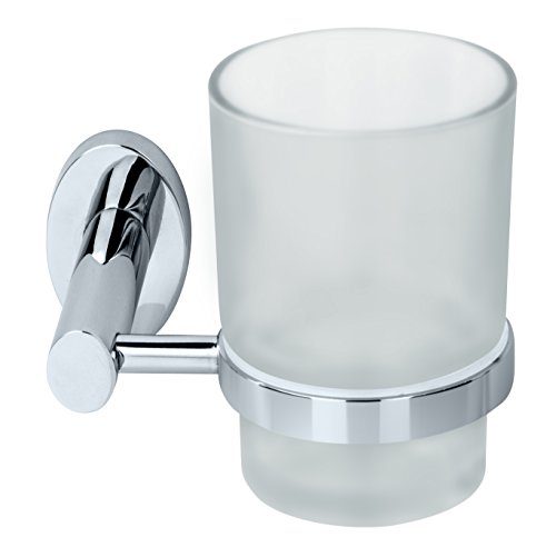 FACKELMANN Glas mit Halter Taris, Glas-Zahnputzbecher mit verchromtem Halter (Farbe: Silber), Menge: 1 Stück von FACKELMANN