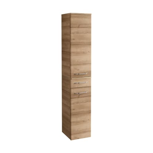 FACKELMANN Milano Hochschrank mit 2 Türen und 1 Schublade – Schrank fürs Badezimmer (30,5 cm x 165,5 cm x 32 cm) – Badschrank schmal in Holz braun von FACKELMANN