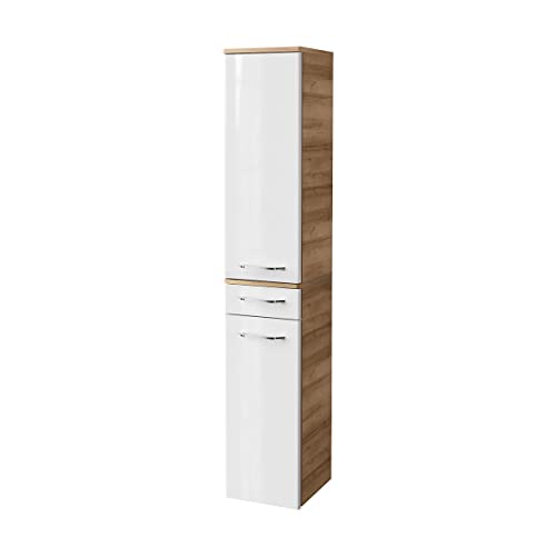 FACKELMANN Milano Hochschrank mit 2 Türen und 1 Schublade – Schrank fürs Badezimmer (30,5 cm x 165,5 cm x 32 cm) – Badschrank schmal in Weiß mit Holz braun von FACKELMANN