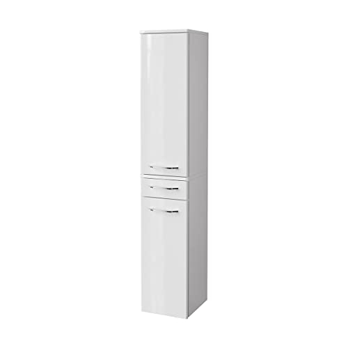 FACKELMANN Milano Hochschrank mit 2 Türen und 1 Schublade – Schrank fürs Badezimmer (30,5 cm x 165,5 cm x 32 cm) – Badschrank schmal in Weiß von FACKELMANN