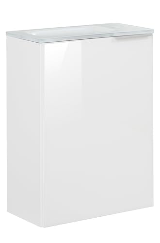 FACKELMANN Kara Gäste-WC Set 2 Teile – Waschtischunterschrank in Weiß mit Glasfront Weiß mit Waschbecken aus Glas in Weiß – SBC Waschbeckenunterschrank schmal – Türanschlag Links – 45 cm breit von FACKELMANN